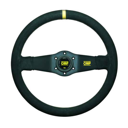 Volant OMP Rally Tulipé (95 mm), Cuir Noir Retourné, Branches Noires Daim. 350mm