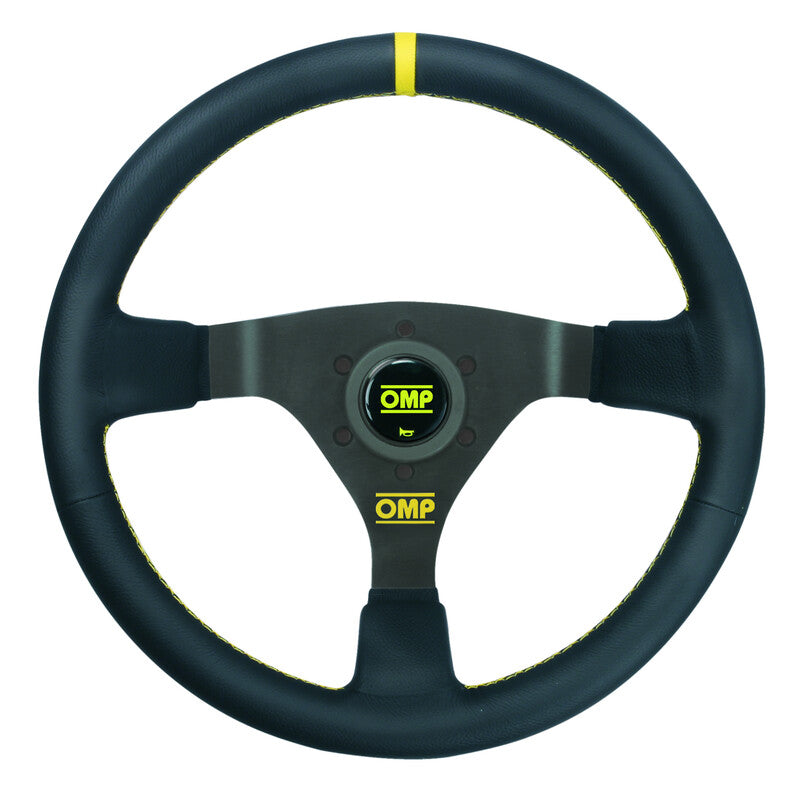 Volant OMP WRC Tulipé (70 mm), Cuir Noir, Branches Noires, Coutures Jaunes Diam. 350mm
