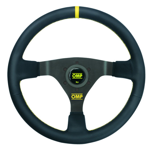 Volant OMP WRC Tulipé (70 mm), Cuir Noir, Branches Noires, Coutures Jaunes Diam. 350mm
